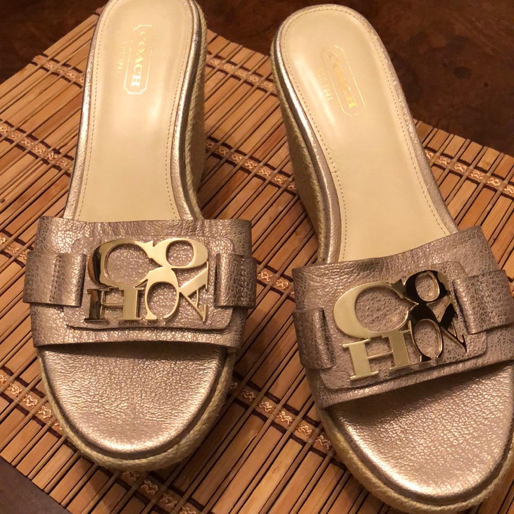 Coach Gold tone Wedge espadrilles sandals.